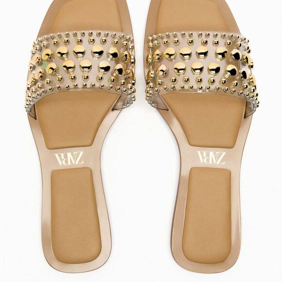ZARA clear slides gold studs sandals 39 fit like size 8.5 - Picture 1 of 12